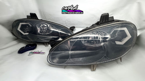 NB Mazda MX-5 Miata black headlights retrofitted with hexagon white halos