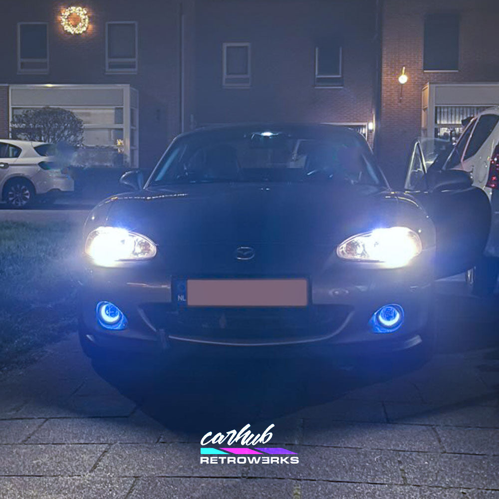 NB2 MK2.5 Mazda MX-5 Miata featuring Carhub retrowerks RGB halo retrofitted foglights white mode