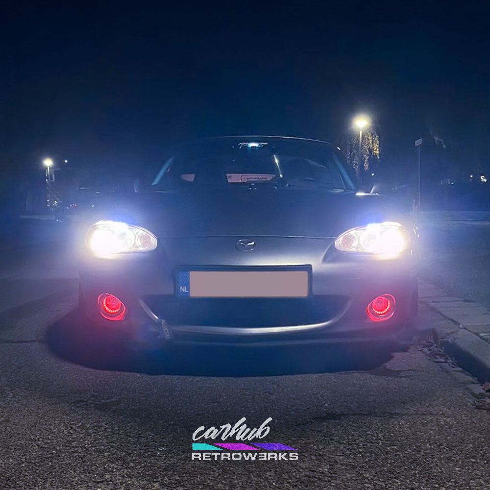 NB2 MK2.5 Mazda MX-5 Miata featuring Carhub retrowerks RGB halo retrofitted foglights red mode