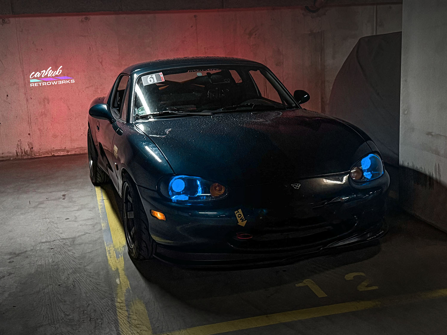 mazda mx5 nb nb1 miata mk2 with 3 inch projector retrofit gloss black interior and demon eyes set to blue
